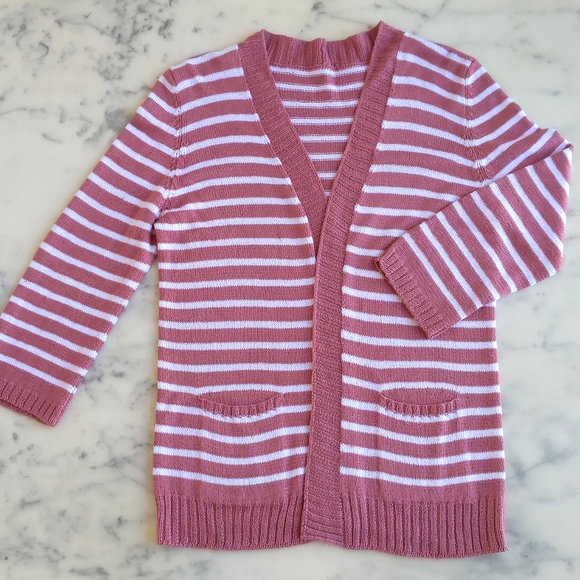 Openfront 3/4 Sleeve Cotton Striped Cardigan Sweater with Front Pockets. - Picture 3 of 4